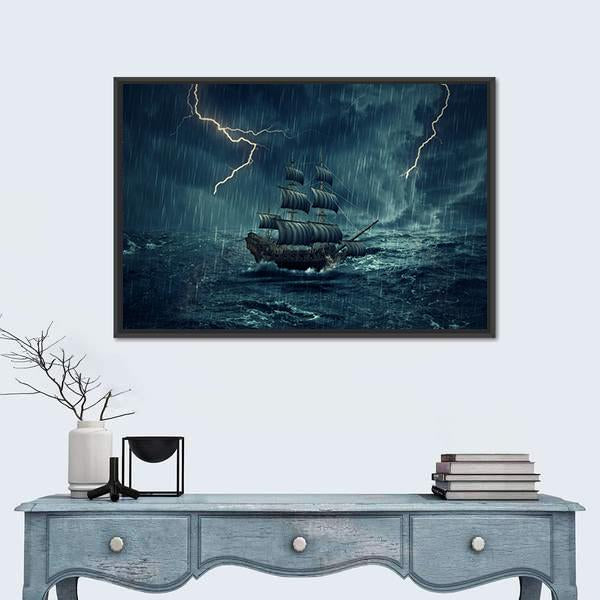 Ship In Stormy Night Canvas Wall Art-1 Piece-Floating Frame-24" x 16"-Tiaracle
