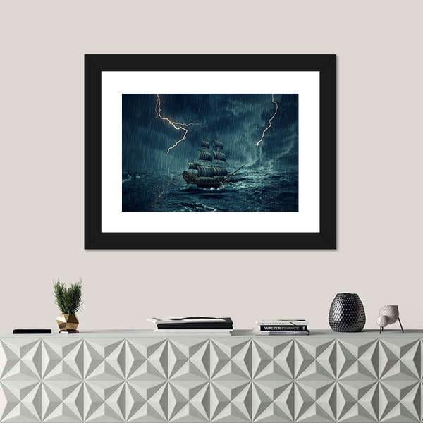 Ship In Stormy Night Canvas Wall Art-1 Piece-Framed Print-20" x 16"-Tiaracle