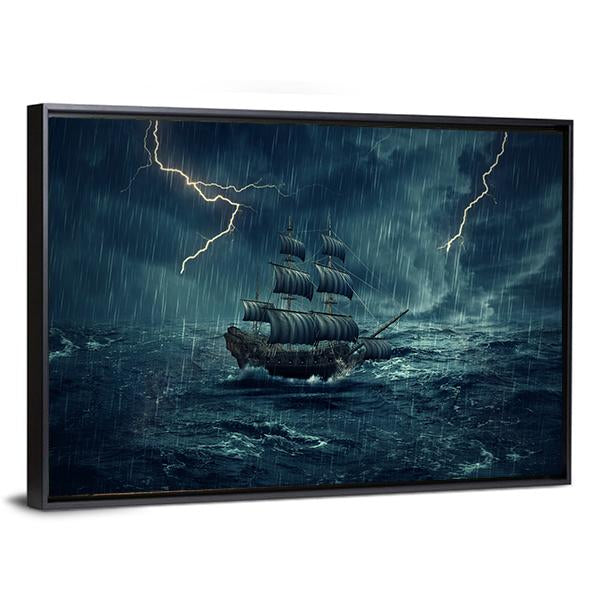 Ship In Stormy Night Canvas Wall Art-3 Horizontal-Gallery Wrap-25" x 16"-Tiaracle