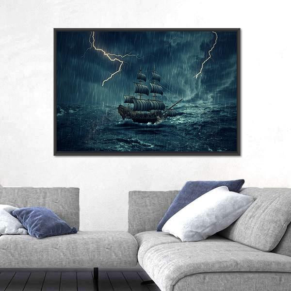 Ship In Stormy Night Canvas Wall Art-3 Horizontal-Gallery Wrap-25" x 16"-Tiaracle