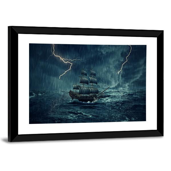 Ship In Stormy Night Canvas Wall Art-3 Horizontal-Gallery Wrap-25" x 16"-Tiaracle
