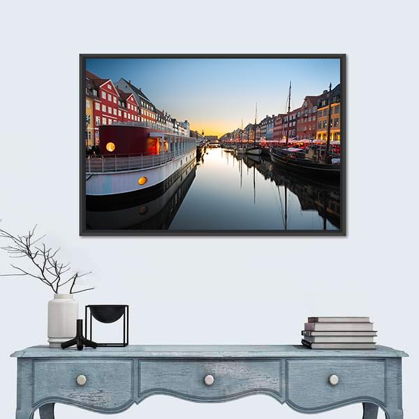 Ships In Nyhavn At Sunset In Copenhagen Canvas Wall Art-1 Piece-Floating Frame-24" x 16"-Tiaracle