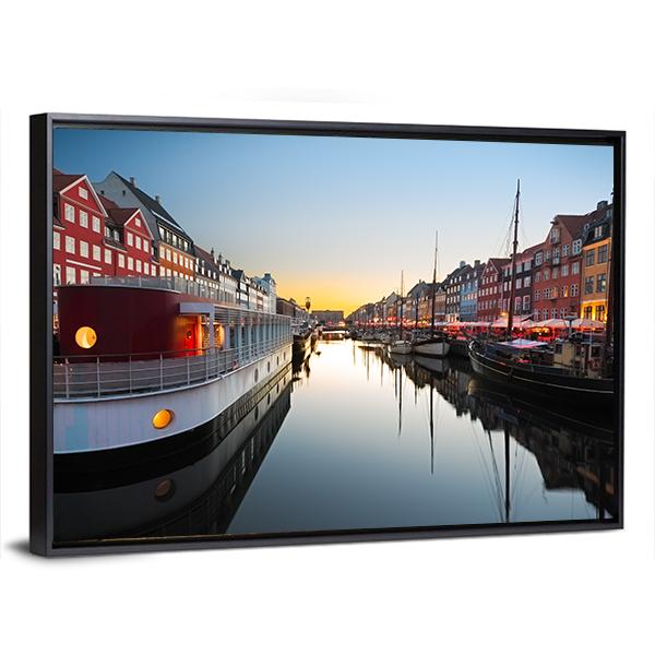 Ships In Nyhavn At Sunset In Copenhagen Canvas Wall Art-3 Horizontal-Gallery Wrap-25" x 16"-Tiaracle