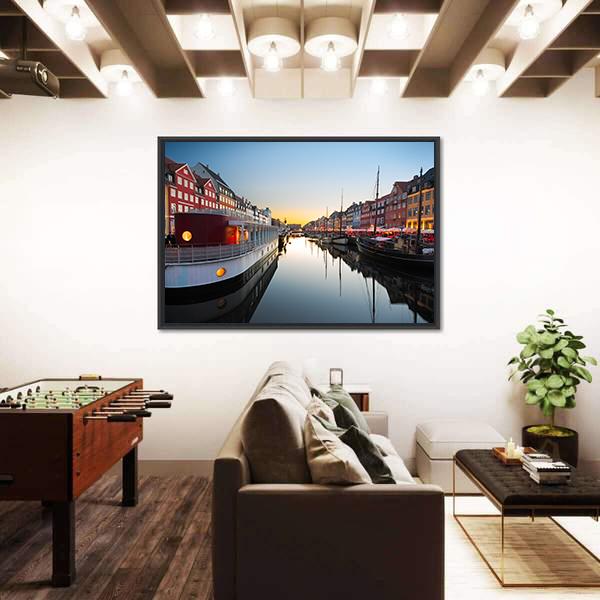Ships In Nyhavn At Sunset In Copenhagen Canvas Wall Art-3 Horizontal-Gallery Wrap-25" x 16"-Tiaracle