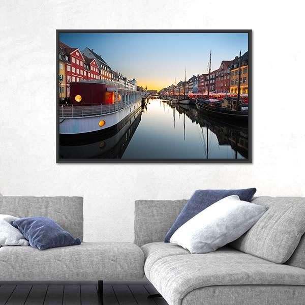 Ships In Nyhavn At Sunset In Copenhagen Canvas Wall Art-3 Horizontal-Gallery Wrap-25" x 16"-Tiaracle