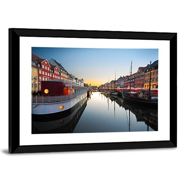 Ships In Nyhavn At Sunset In Copenhagen Canvas Wall Art-3 Horizontal-Gallery Wrap-25" x 16"-Tiaracle