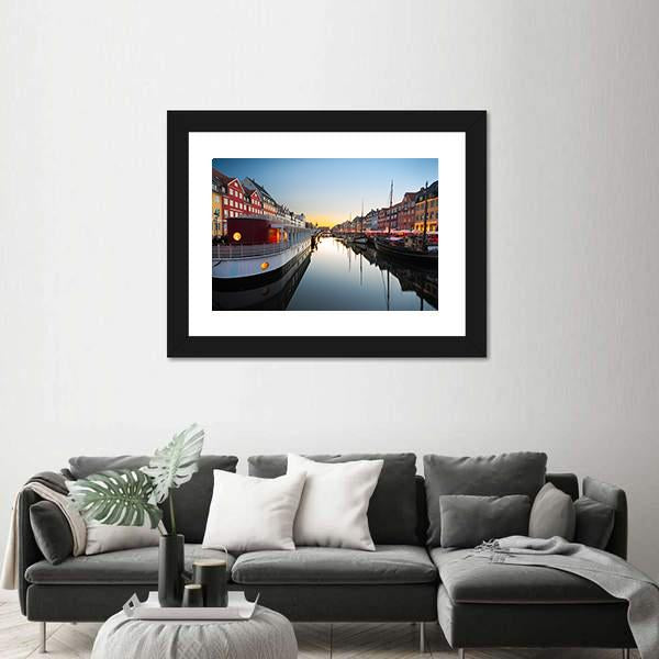 Ships In Nyhavn At Sunset In Copenhagen Canvas Wall Art-3 Horizontal-Gallery Wrap-25" x 16"-Tiaracle