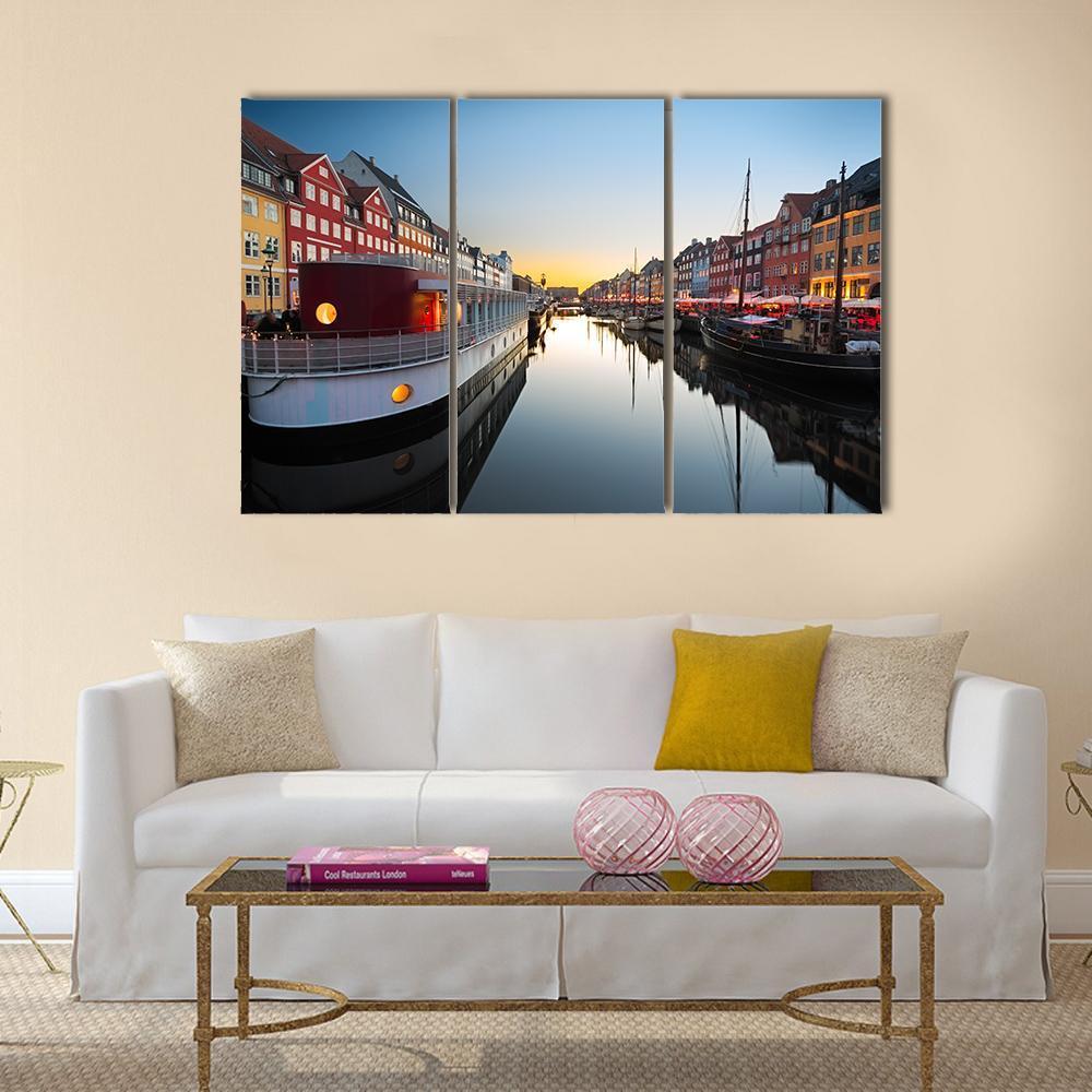 Ships In Nyhavn At Sunset In Copenhagen Canvas Wall Art-3 Horizontal-Gallery Wrap-37" x 24"-Tiaracle