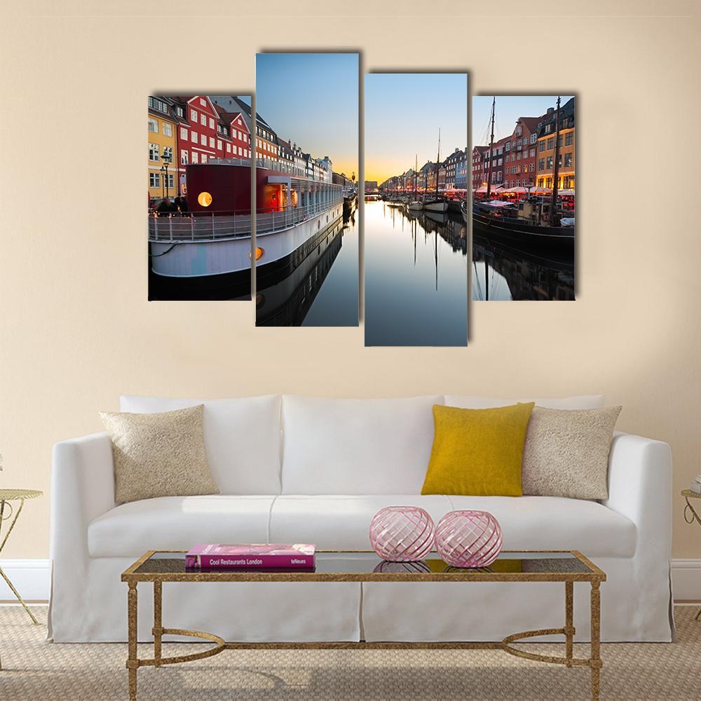 Ships In Nyhavn At Sunset In Copenhagen Canvas Wall Art-4 Pop-Gallery Wrap-50" x 32"-Tiaracle