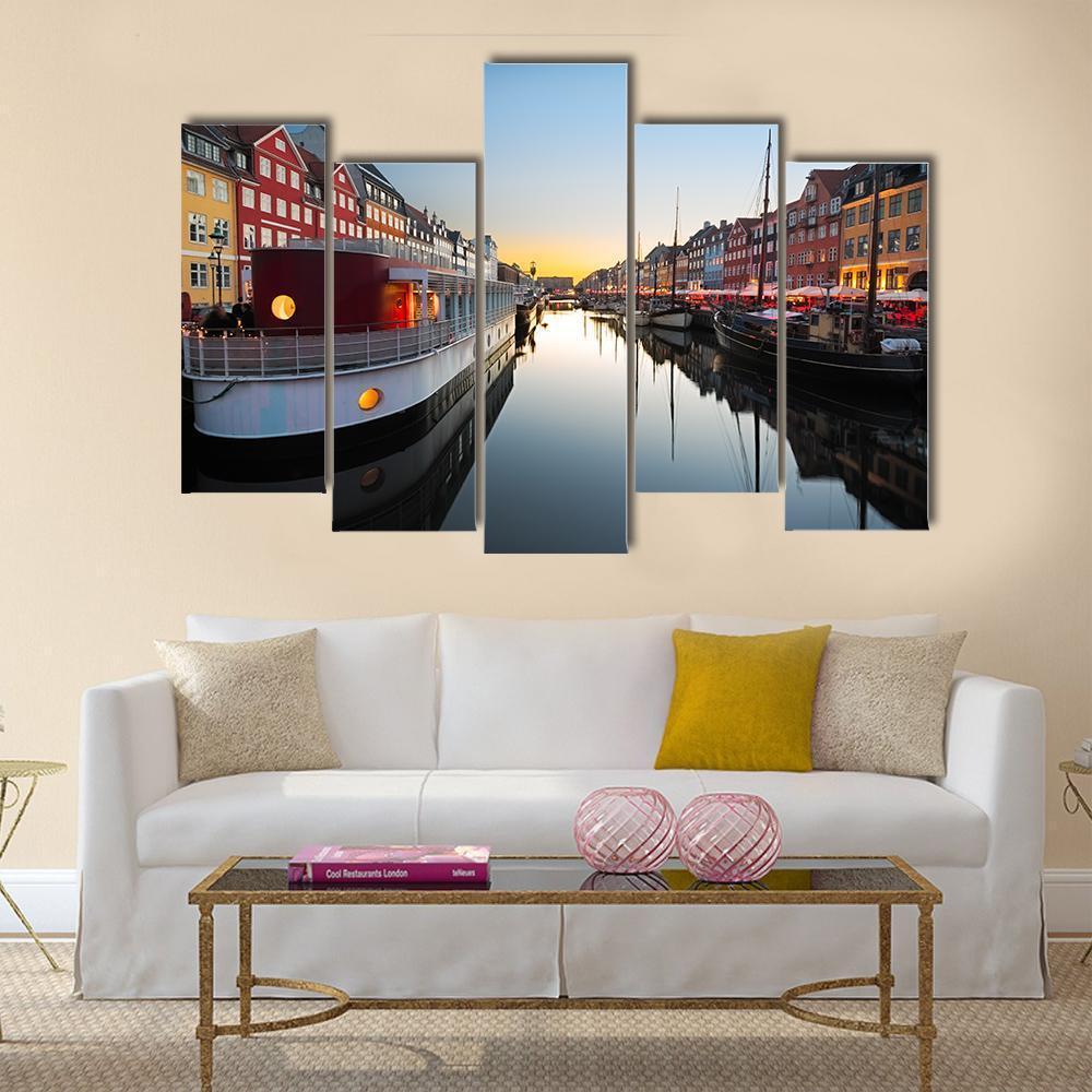 Ships In Nyhavn At Sunset In Copenhagen Canvas Wall Art-5 Pop-Gallery Wrap-47" x 32"-Tiaracle
