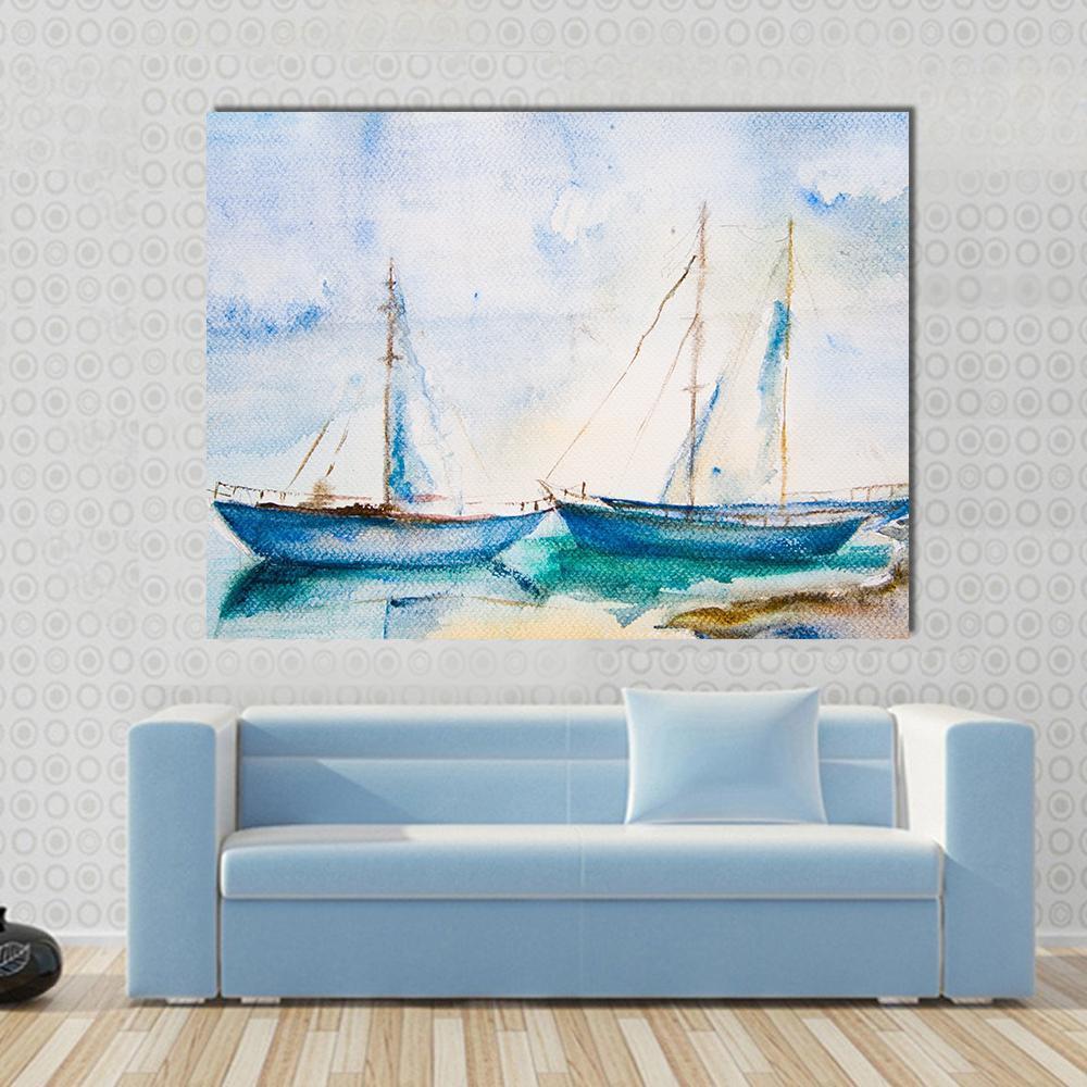 Ships in the Sea Canvas Wall Art in white and blue, single panel hung on a wall