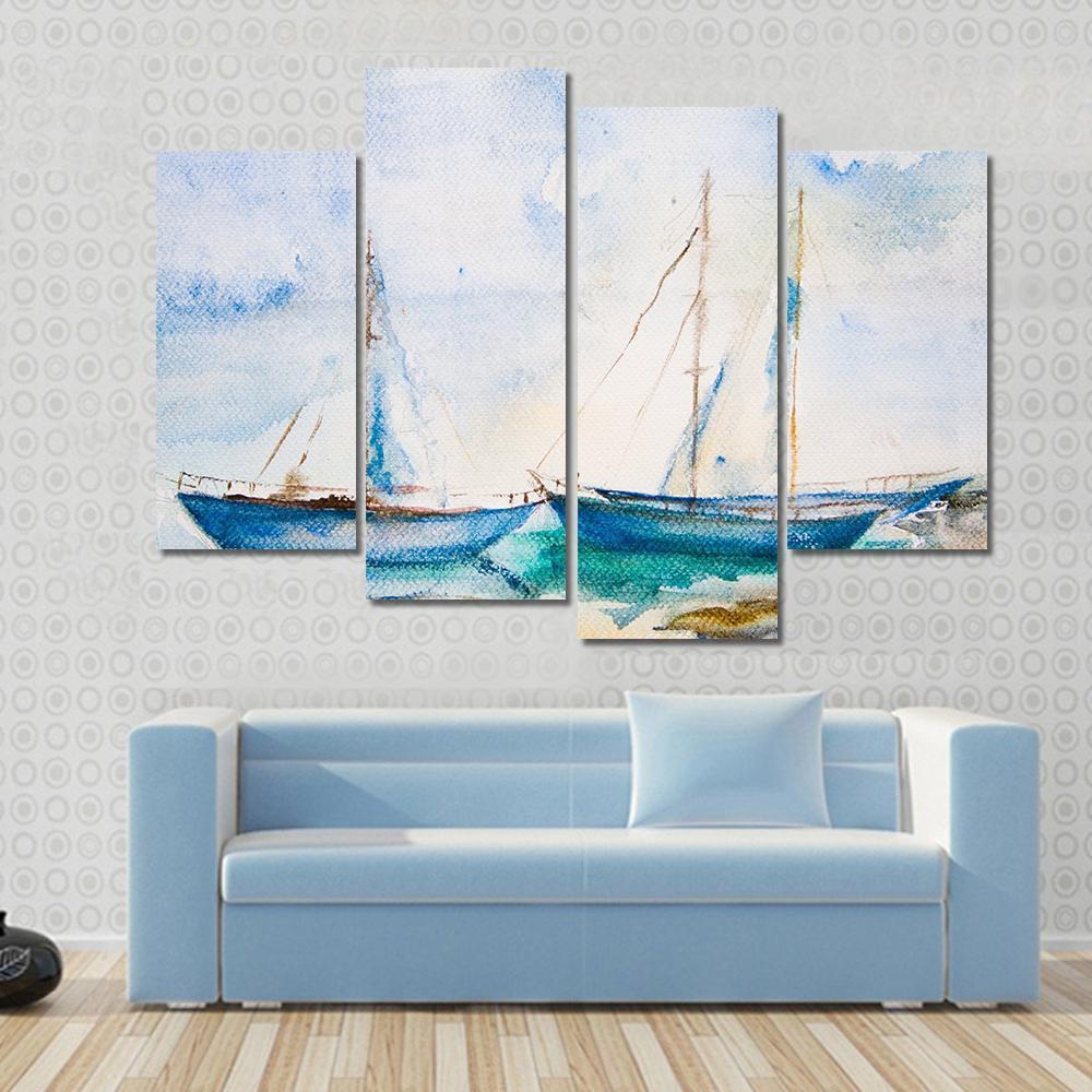 Ships In The Sea Watercolor Canvas Wall Art-4 Pop-Gallery Wrap-50" x 32"-Tiaracle