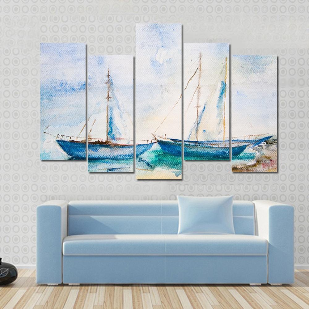 Ships In The Sea Watercolor Canvas Wall Art-5 Pop-Gallery Wrap-47" x 32"-Tiaracle
