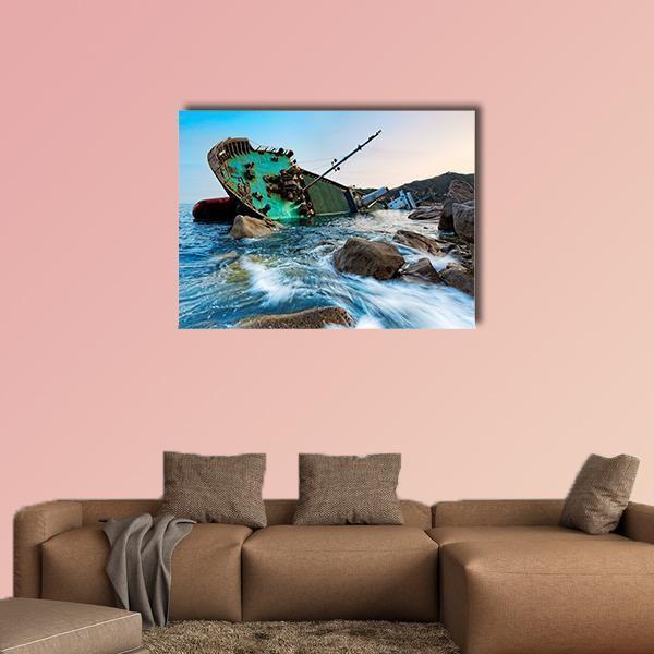 Shipwreck in Hong Kong Canvas Wall Art in brown, green and blue, single panel hung on a wall