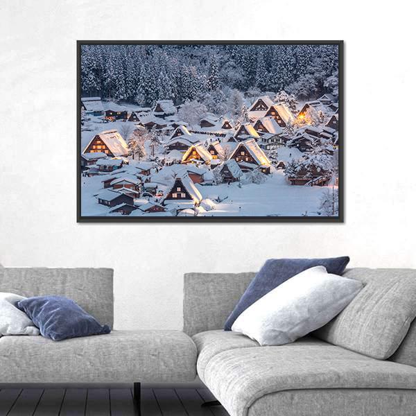 Shirakawago Light-Up With Snow Fall Canvas Wall Art-3 Horizontal-Gallery Wrap-25" x 16"-Tiaracle