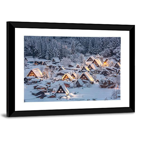 Shirakawago Light-Up With Snow Fall Canvas Wall Art-3 Horizontal-Gallery Wrap-25" x 16"-Tiaracle