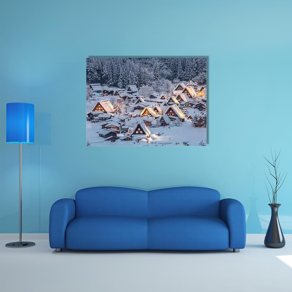 Shirakawago Light-up Snowy Village Canvas Wall Art in white, gray and blue, single panel hung on a wall