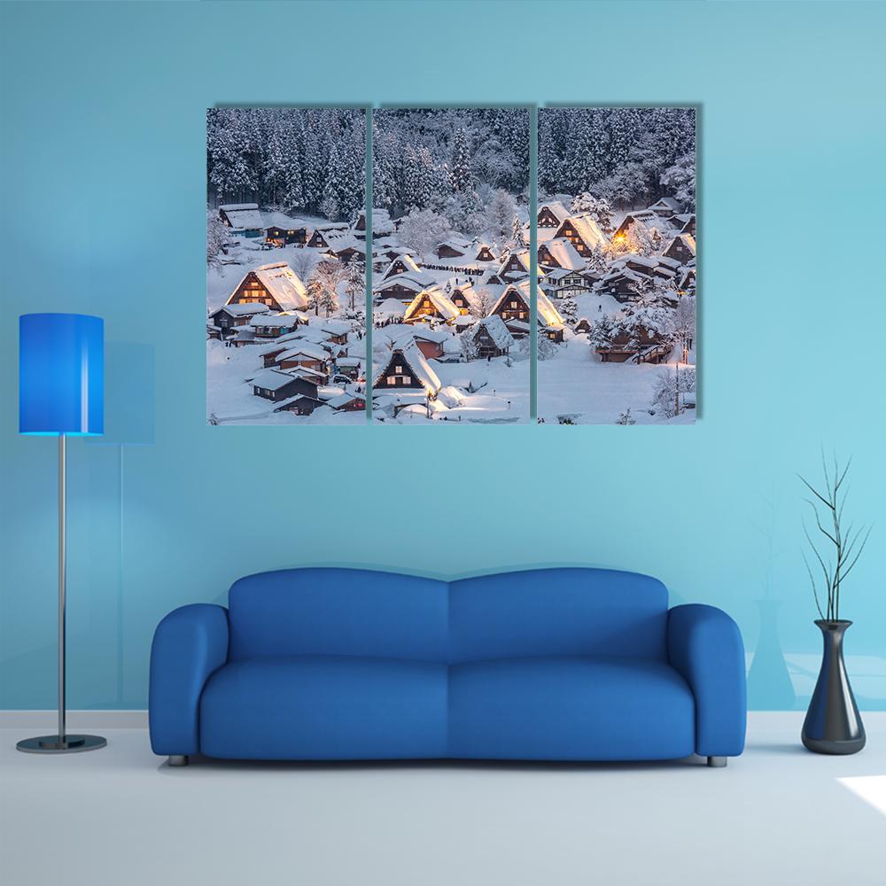 Shirakawago Light-Up With Snow Fall Canvas Wall Art-3 Horizontal-Gallery Wrap-37" x 24"-Tiaracle