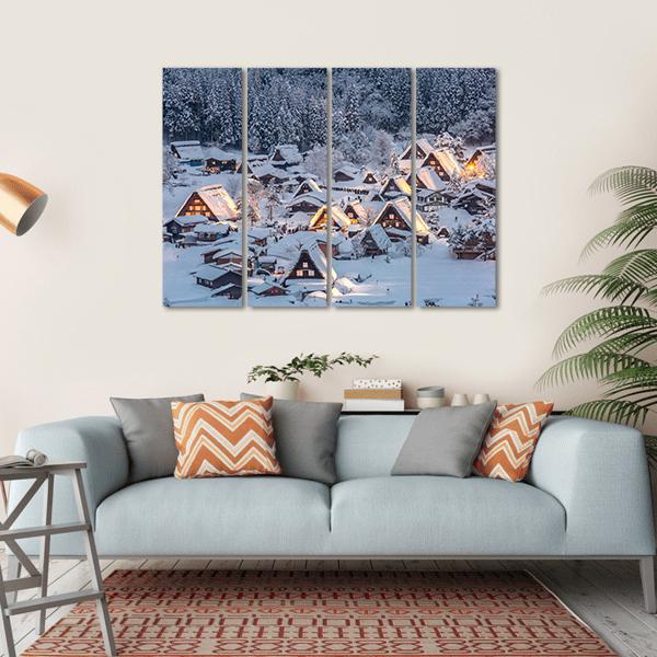 Shirakawago Light-Up With Snow Fall Canvas Wall Art-4 Horizontal-Gallery Wrap-34" x 24"-Tiaracle