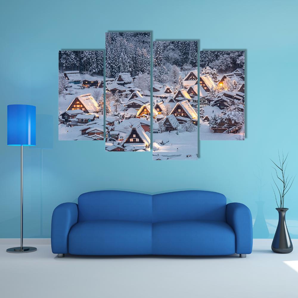 Shirakawago Light-Up With Snow Fall Canvas Wall Art-4 Pop-Gallery Wrap-50" x 32"-Tiaracle