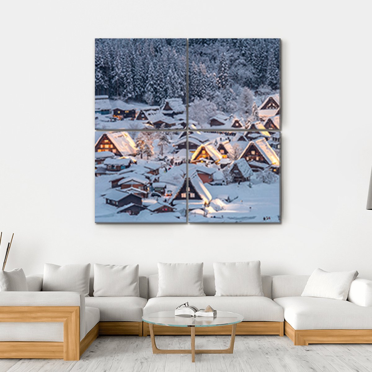 Shirakawago Light-Up With Snow Fall Canvas Wall Art-4 Square-Gallery Wrap-17" x 17"-Tiaracle
