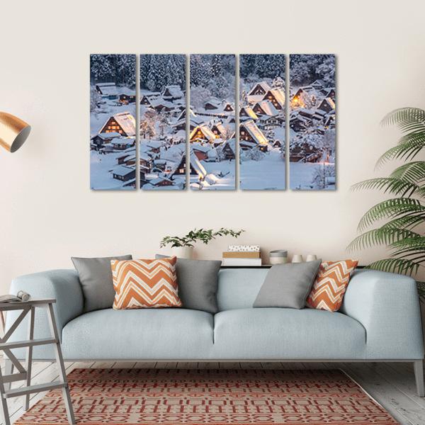 Shirakawago Light-Up With Snow Fall Canvas Wall Art-5 Horizontal-Gallery Wrap-22" x 12"-Tiaracle