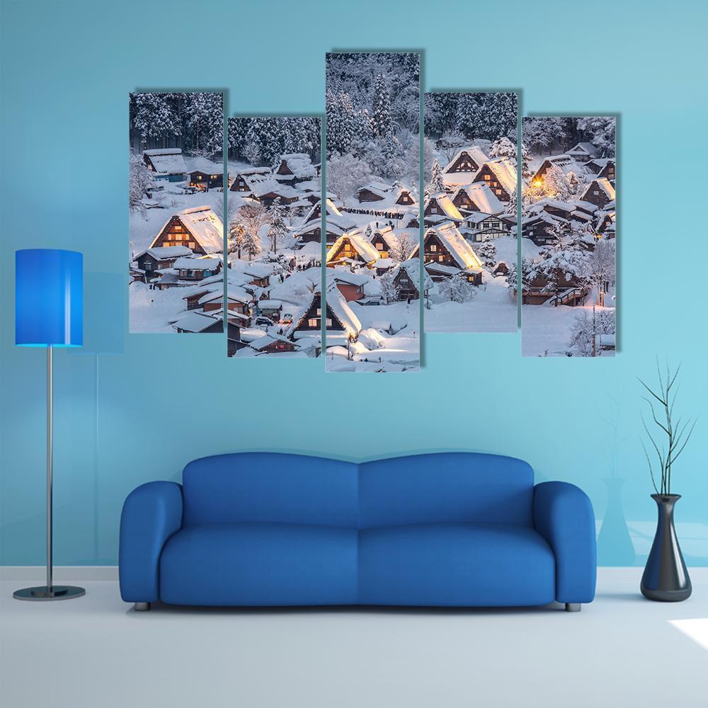 Shirakawago Light-Up With Snow Fall Canvas Wall Art-5 Pop-Gallery Wrap-47" x 32"-Tiaracle