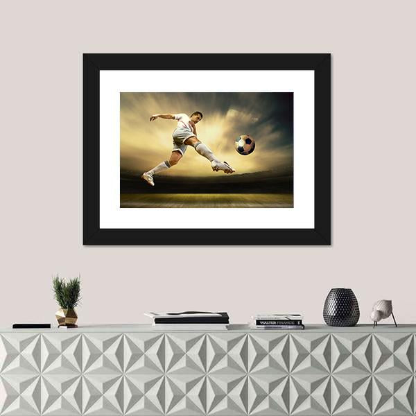 Shoot Of Football Player On Outdoor Field Canvas Wall Art-1 Piece-Framed Print-20&quot; x 16&quot;-Tiaracle