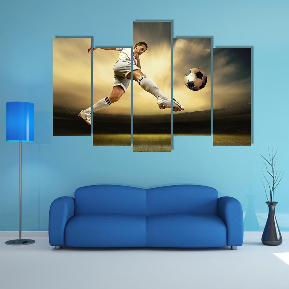 Shoot Of Football Player On Outdoor Field Canvas Wall Art-5 Pop-Gallery Wrap-47&quot; x 32&quot;-Tiaracle