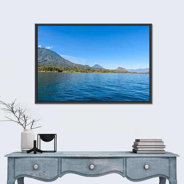 Shore of San Lucas Toliman, Lake Atitlan Canvas Wall Art in green and blue, framed canvas, product view on a white background