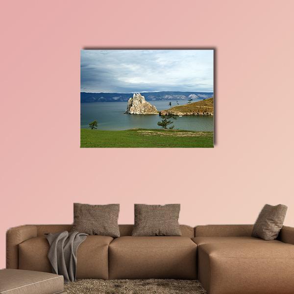 Shore of Olkhon Island Canvas Wall Art in gray, green and blue, single panel hung on a wall