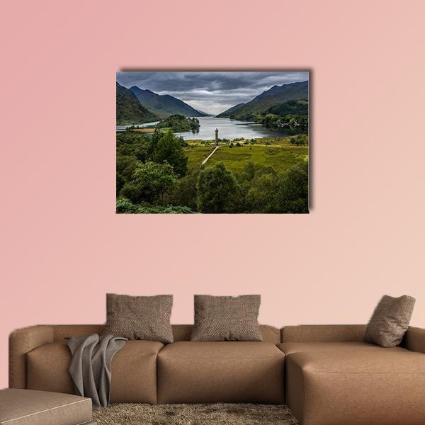Shores of Loch Shiel Canvas Wall Art in gray, green and blue, single panel hung on a wall