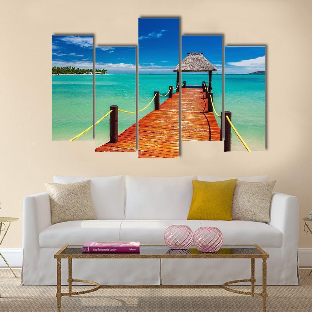 Short Red wooden Jetty On Fiji Island Canvas Wall Art-5 Pop-Gallery Wrap-47" x 32"-Tiaracle