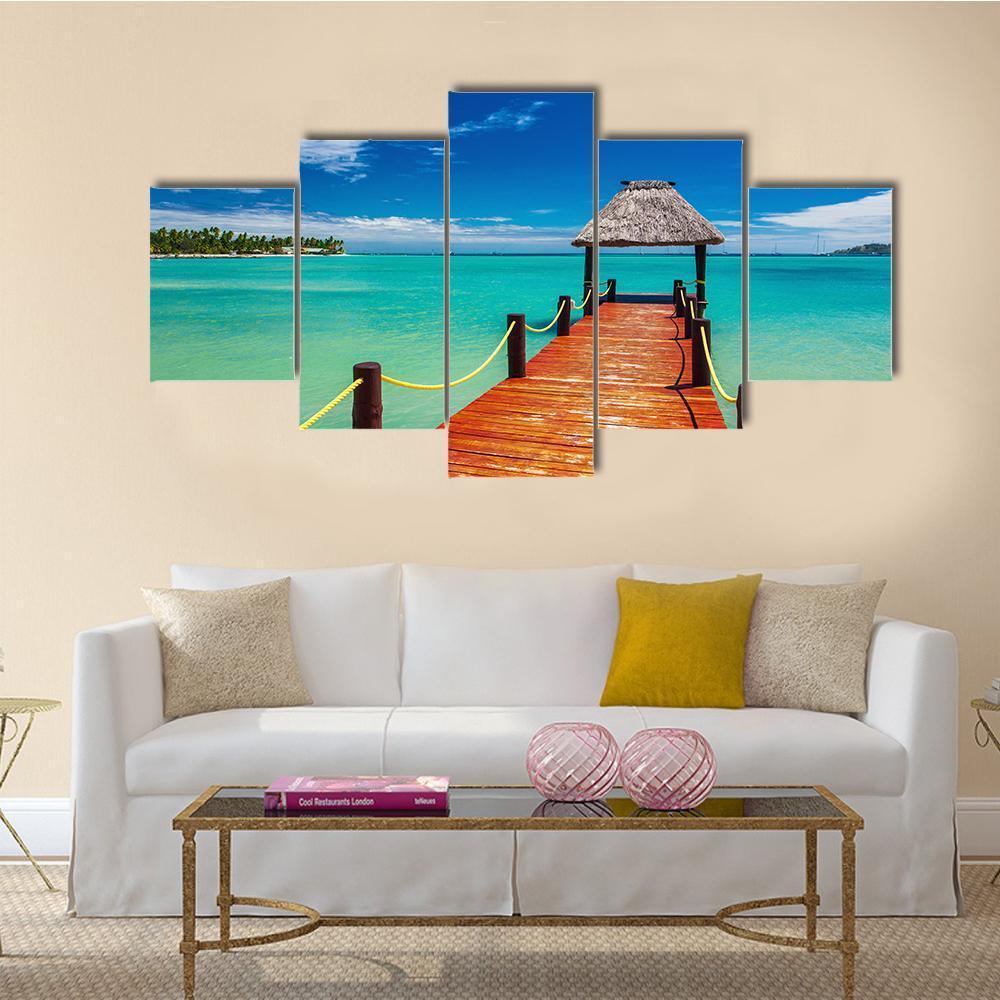 Short Red wooden Jetty On Fiji Island Canvas Wall Art-5 Star-Gallery Wrap-62" x 32"-Tiaracle