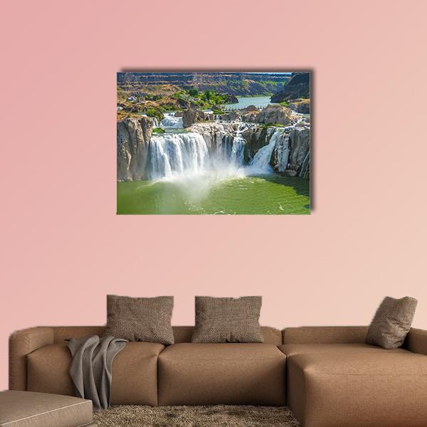 Shoshone Falls Canvas Wall Art in white, brown and green, single panel hung on a wall