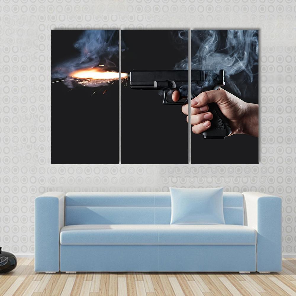 Shot From A Handgun With Fire And Smoke Canvas Wall Art-4 Pop-Gallery Wrap-50" x 32"-Tiaracle