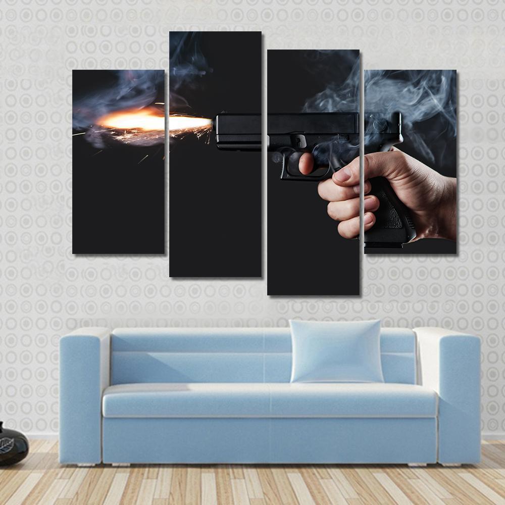 Shot From A Handgun With Fire And Smoke Canvas Wall Art-4 Pop-Gallery Wrap-50" x 32"-Tiaracle