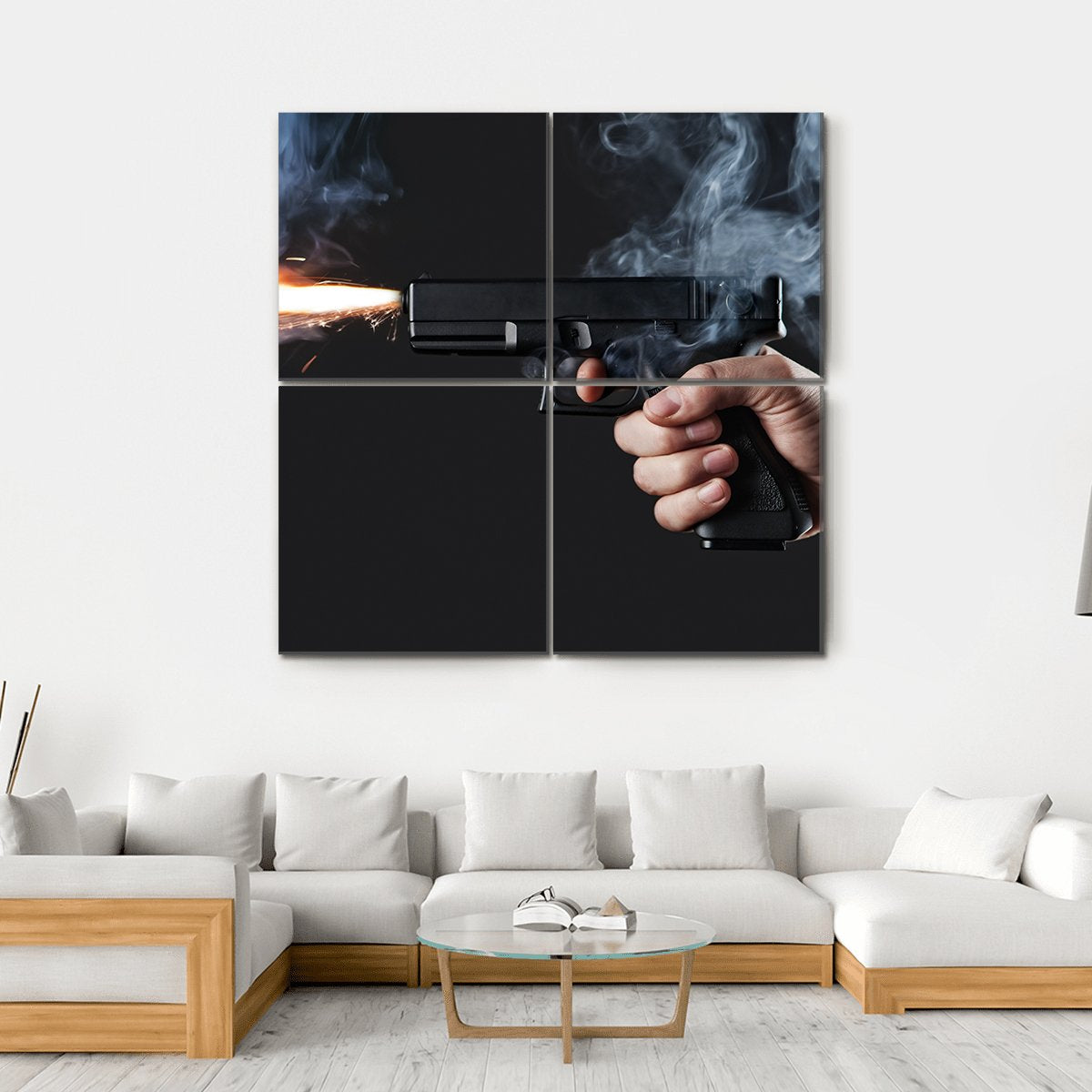 Shot From A Handgun With Fire And Smoke Canvas Wall Art-4 Square-Gallery Wrap-17" x 17"-Tiaracle