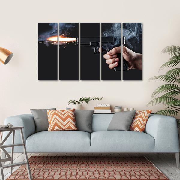 Shot From A Handgun With Fire And Smoke Canvas Wall Art-5 Horizontal-Gallery Wrap-22" x 12"-Tiaracle