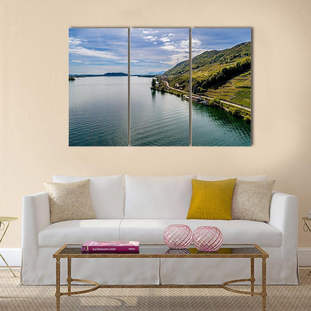 Shot Of Lake With Steep Coast Canvas Wall Art-3 Horizontal-Gallery Wrap-37" x 24"-Tiaracle