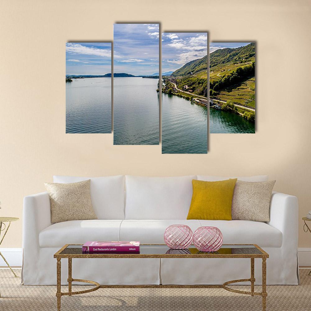 Shot Of Lake With Steep Coast Canvas Wall Art-4 Pop-Gallery Wrap-50" x 32"-Tiaracle