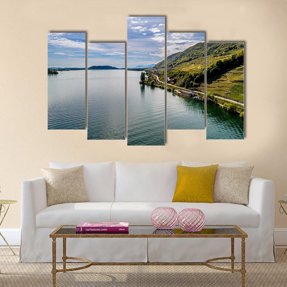 Shot Of Lake With Steep Coast Canvas Wall Art-5 Pop-Gallery Wrap-47" x 32"-Tiaracle