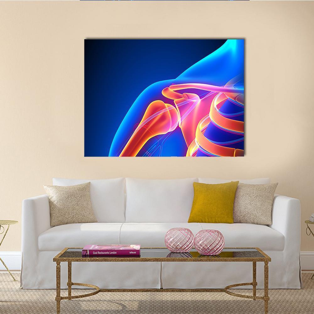 Shoulder Joint Anatomy Canvas Wall Art in orange, blue and pink, single panel hung on a wall