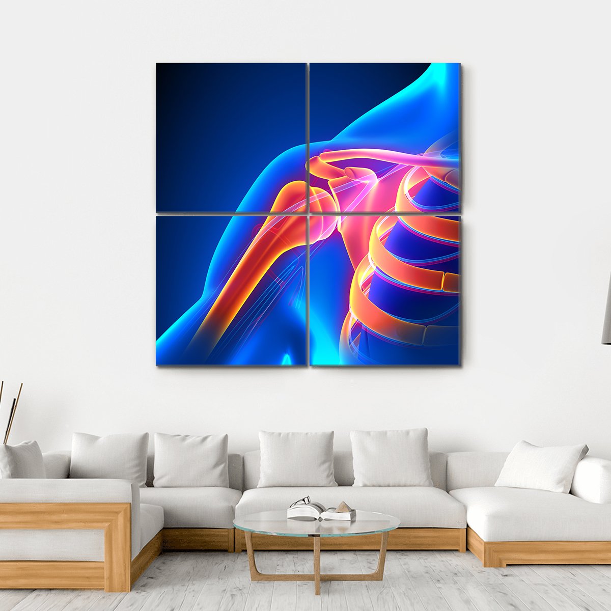 Shoulder Joint Anatomy Canvas Wall Art in orange, blue and pink, hung on a wall