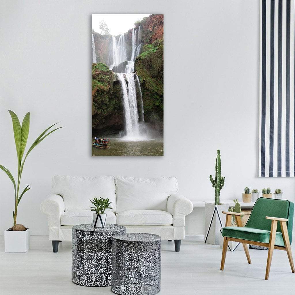 Shutter Speed Waterfall in Morocco Vertical Canvas Wall Art in white, brown and green, single vertical panel hung on a wall