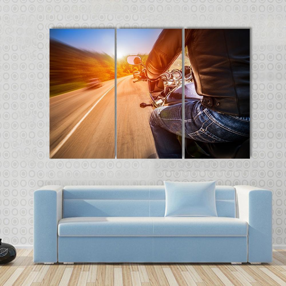 Side View Of Biker Driving A Motorcycle Rides Along The Road Canvas Wall Art-3 Horizontal-Gallery Wrap-37" x 24"-Tiaracle
