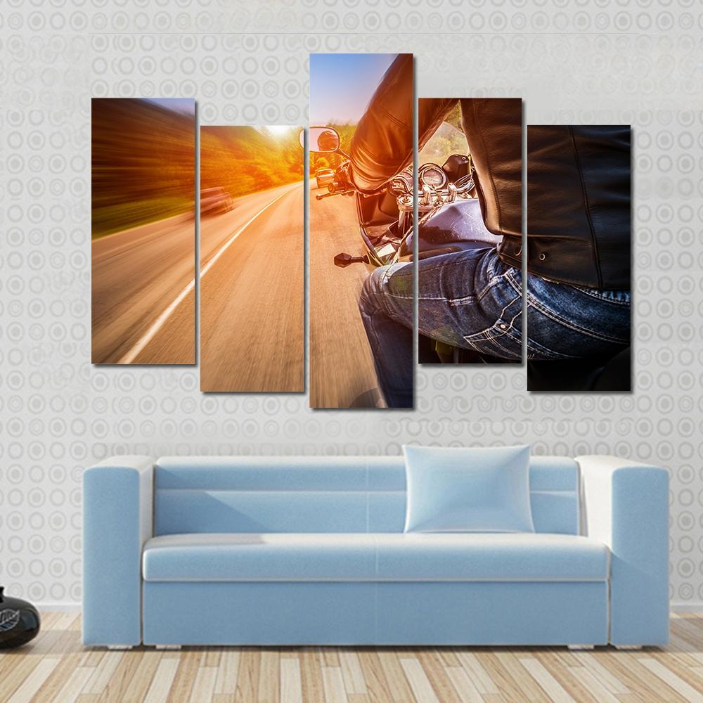 Side View Of Biker Driving A Motorcycle Rides Along The Road Canvas Wall Art-5 Pop-Gallery Wrap-47" x 32"-Tiaracle