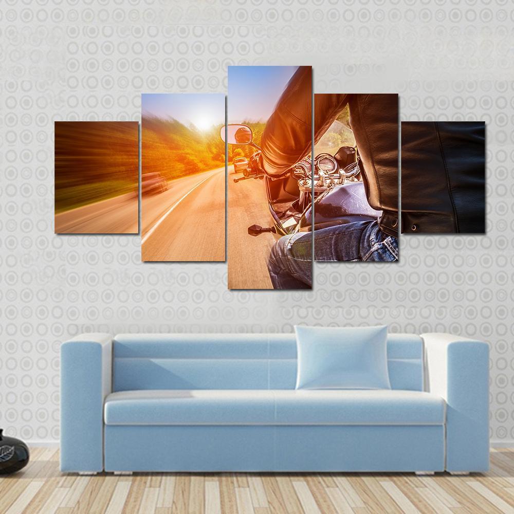 Side View Of Biker Driving A Motorcycle Rides Along The Road Canvas Wall Art-5 Star-Gallery Wrap-62" x 32"-Tiaracle