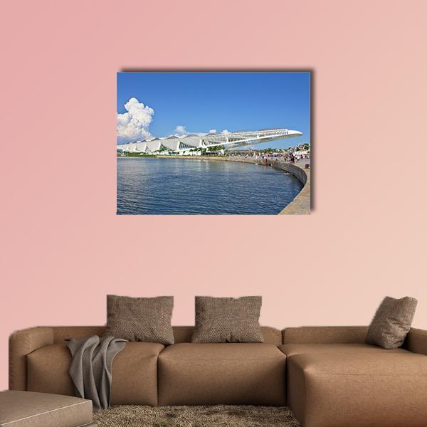 Side View of Museu Do Amanha Museum Canvas Wall Art in white and blue, single panel hung on a wall