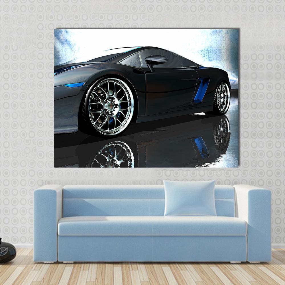 Black Sports Car Canvas Wall Art in black, white and gray, single panel hung on a wall